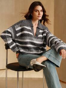 SHEIN X Jwoww Anewsta Áo len dệt kim cổ sọc màu tương phản, Thu/Đông - Nhiều màu - Xem 5