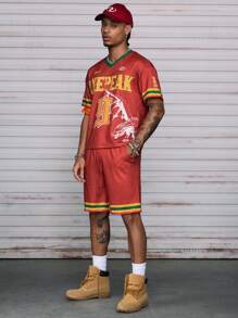AXEPEAK Men's Summer Casual Contrast Stripe & Letter Print T-Shirt And Shorts Set - Red - View 2