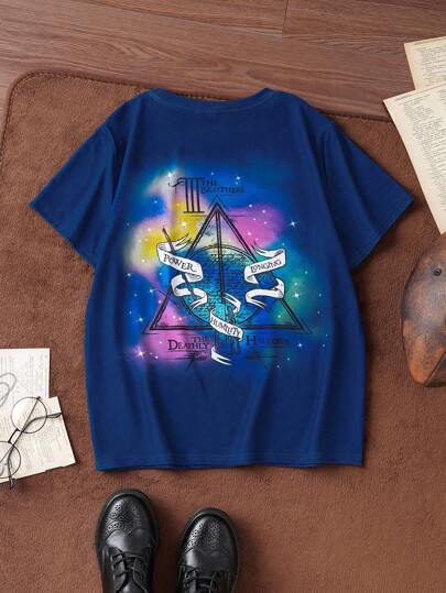 HARRY POTTER X SHEIN Tween Boy Starry Sky Colorful Gradient Tie-Dye Letter & Graphic Print Raglan Sleeve Short Sleeve T-Shirt, Navy