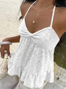 Sunnyshic Women's Floral Jacquard Twist Design Fashion Halter Neck Tank Top - White - View 5