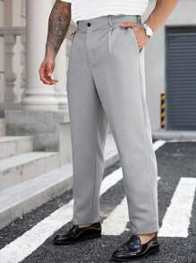 Manfinity CasualCool Pantaloni casual a vita alta da uomo taglio affusolato, colore tinta unita, autunno - Grigio Chiaro - Visualizzare 1