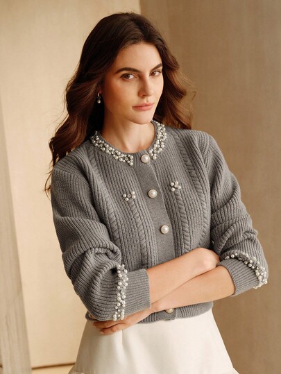 Anewsta Gray French Design Beaded Decoration Knit Cardigan,Autumn Elegant Office Niche Celebrity Chic Cardigan For Winter,Party,Work,Wedding,Christmas,Formal