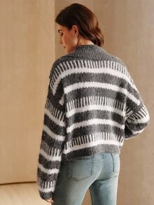 SHEIN X Jwoww Anewsta Áo len dệt kim cổ sọc màu tương phản, Thu/Đông - Nhiều màu - Xem 3