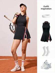 CourtClass 女式夏季休闲撞色修腰无袖运动连衣裙 - 黑色 - 查看 7
