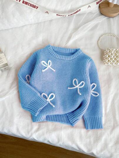 SHEIN Vintaside Kids Infant & Toddler Girls' Embroidered Pink Pullover Sweater, Suitable For Spring/Autumn, Can Be Worn As Layering Piece In Cold Winters. Delicate Bow Embroidery Adds Adorable And Playful Charm. Suitable For Family Gatherings, Halloween, New Year, Thanksgiving, Christmas, Easter, National Day, Parties, New Year's Eve Baby Blue Knitted Sweater Baby Bow Sweater Baby Jumper Knitted Baby Clothes Baby Boy Sweater Baby Knit Jumper Baby Knitted Sweater Blue Baby Sweater Fall