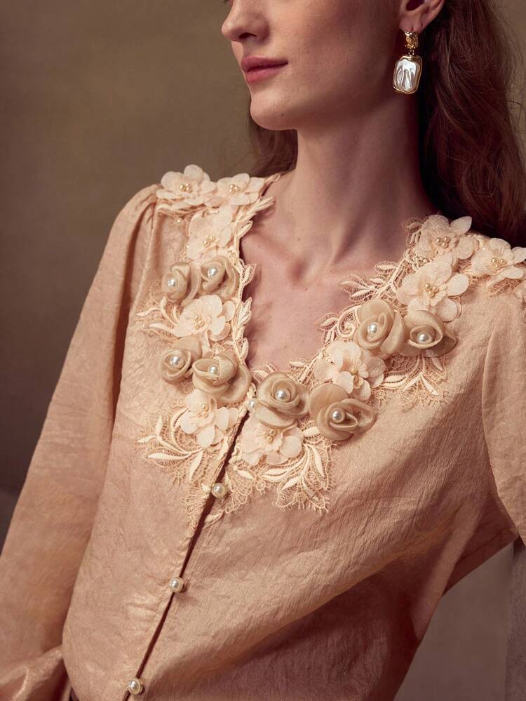 WOMEN'S LACE TRIM FLARE LONG SLEEVE STEREO FLOWER DETAIL BLOUSE, FASHIONABLE & ELEGANT
