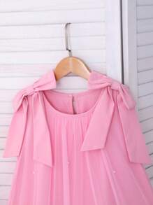 Girls' Elegant Ruffled Pearl Decor Mesh Overlay Dress - Pink - View 4
