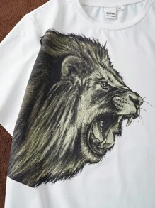 HARRY POTTER X SHEIN 青少年男孩格兰芬多狮子徽章和字母金箔图案黑白短袖T恤和短裤夏季两件套 - 黑與白 - 查看 5