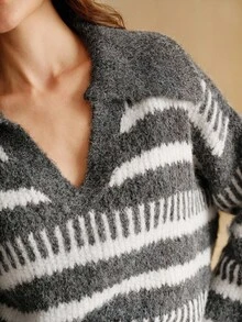 SHEIN X Jwoww Anewsta Áo len dệt kim cổ sọc màu tương phản, Thu/Đông - Nhiều màu - Xem 1