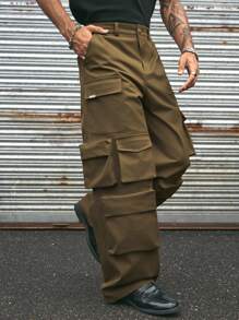 AXEPEAK Vintage American Style Multi-Pocket Decorated Casual Cargo Pants - Brown - View 4