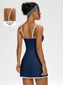 Dewbera Navy Blue Sleeveless Mini Tennis Dress With Spaghetti Straps And Built-In Shorts Athletic Dress With Built-In Bra - Navy Blue - View 2