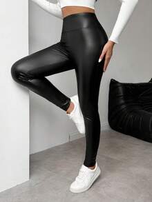 Louniche petite Women's Casual Solid Color Shiny Leggings, Autumn Fall Cloth For Women - Black - View 3