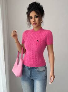 Elenzga Rose Red Crew Neck Cable Knit Short Sleeve Sweater For Women Knit Pullover Fall Winter - Hot Pink - View 6