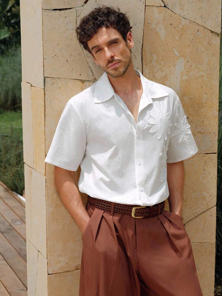 Chemise à manches courtes raglan à broderie 3D blanche d'été décontractée et sortante pour homme