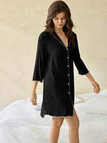 Ocili Leisure Comfortable Blend Rib Knit Contrast Color Ruffled V-Neck Soft Nightgown For Women Holiday Season, Fall, Winter - Black - View 4