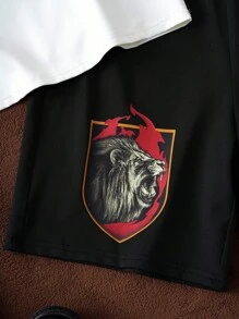 HARRY POTTER X SHEIN 青少年男孩格兰芬多狮子徽章和字母金箔图案黑白短袖T恤和短裤夏季两件套 - 黑與白 - 查看 6