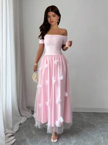 Selianne Standard Size Women Off Shoulder Solid Top + Floral Mesh Patchwork Skirt, 2pcs Elegant Set - Pink - View 8