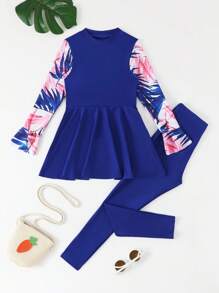 少女热带印花分体泳衣套装 - 寶藍色 - 查看 3