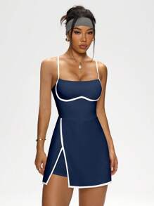 Dewbera Navy Blue Sleeveless Mini Tennis Dress With Spaghetti Straps And Built-In Shorts Athletic Dress With Built-In Bra - Navy Blue - View 5