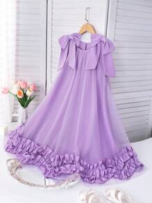 Váy lưới đính ngọc trai họa tiết hoa nhún bèo thanh lịch dành cho bé gái - Màu tím - Xem 5