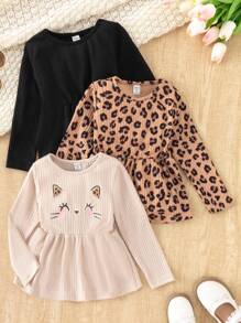 Genkimix Kids 3pcs/Set Young Girl' Cute Cat Embroidery & Leopard Print Round Neck Long Sleeve T-Shirts Fall Winter - Multicolor - View 1