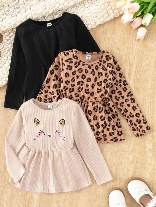 3 Stücke/Set Kleine Mädchen süße Katzen Stickerei & Leoparden Muster Rundhals Langarm T-Shirts