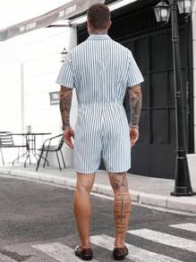 Manfinity Homme 男士夏季休闲条纹连体裤男士连体裤男士条纹连体裤，男士蓝白条纹抽绳短袖连体裤，适合休闲夏季外出 - 彩色 - 查看 2