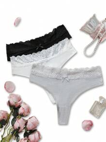 Ocili 3pcs Comfortable Plus Size  Panties, Lace T-Back Design - Multicolor - View 7