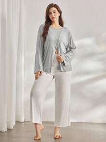 Ocili Leisure Plus Size Women's Comfortable Rib Shell Button Nightwear Top Casual, Fall