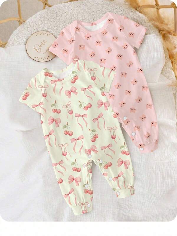 SHEIN New Born Baby Cartoon Cat & Bow Print Short Sleeve Romper, Suitable For Summer