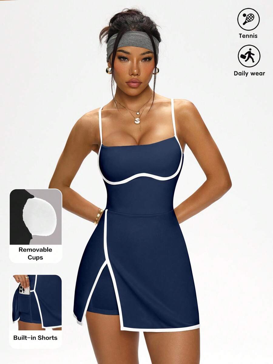 Dewbera Navy Blue Sleeveless Mini Tennis Dress With Spaghetti Straps And Built-In Shorts Athletic Dress With Built-In Bra - Navy Blue - View 1
