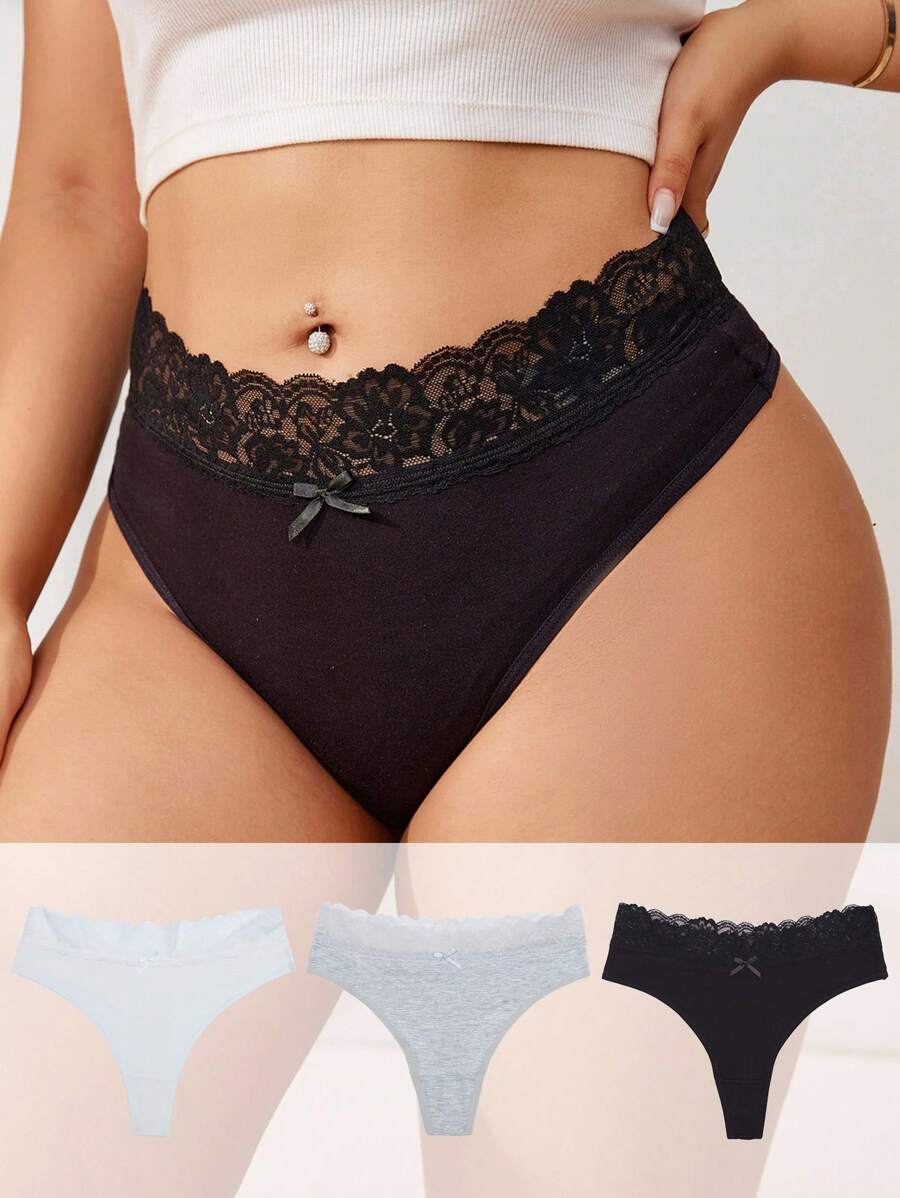 Ocili 3pcs Comfortable Plus Size  Panties, Lace T-Back Design - Multicolor - View 1