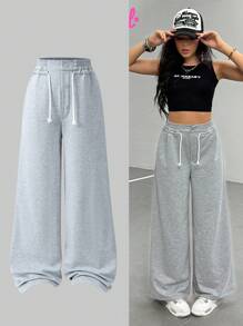 1pc Teen Girl Loose Wide Leg Sweatpants With Buttons Fall Winter - Grey - View 1