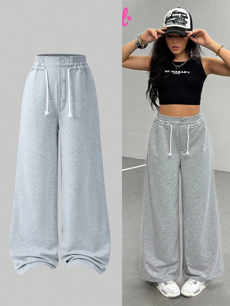 1pc Teen Girl Loose Wide Leg Sweatpants With Buttons Fall Winter - Grey - View 1