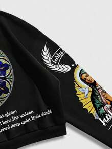 ROMWE MEN Street Life Men's Printed Religious Sweatshirt , Loose Cropped Style , Fall - Black - View 3