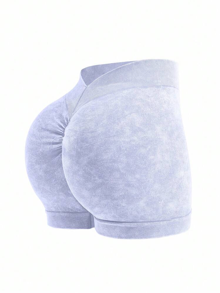 SHEIN Sovereign Charm 女士哑光运动短裤，腰部褶皱，性感提拉，弹性舒适，适合瑜伽和健身 - 淡紫色 - 查看 4