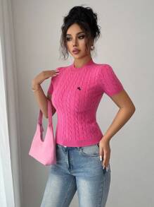 Elenzga Rose Red Crew Neck Cable Knit Short Sleeve Sweater For Women Knit Pullover Fall Winter - Hot Pink - View 4