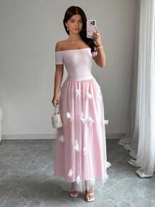 Selianne Standard Size Women Off Shoulder Solid Top + Floral Mesh Patchwork Skirt, 2pcs Elegant Set - Pink - View 9