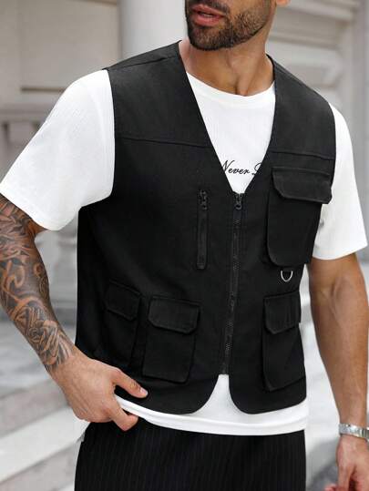 Manfinity Homme Veste coupe-vent utilitaire pour hommes grande taille, multipoches, pour le travail, le camping, la randonnée, la pêche et autres activités de plein air. Gilet noir, gilet utilitaire, gilet tactique pour hommes, automne