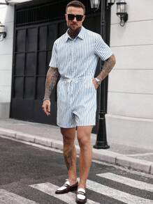 Manfinity Homme 男士夏季休闲条纹连体裤男士连体裤男士条纹连体裤，男士蓝白条纹抽绳短袖连体裤，适合休闲夏季外出 - 彩色 - 查看 3