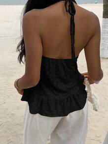 Sunnyshic 夏季性感纯色镂空露背吊带上衣 - 黑色 - 查看 2