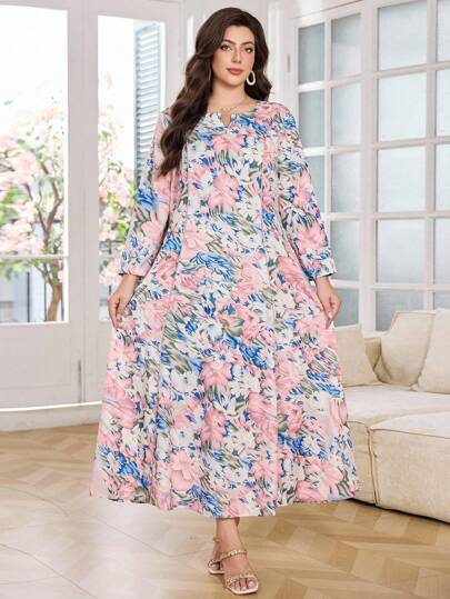 Al Najma 女式优雅花卉印花圆领长袖加长连衣裙，加大码阿拉伯风格