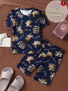 HARRY POTTER X SHEIN Tween Boy Summer 4 School Logo Foil Print Elastic Stripe Tight Pajama Set