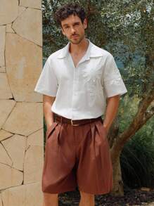 Manfinity BRENVOR 男士白色夏季休闲外出3D刺绣插肩短袖衬衫 - 白色 - 查看 4