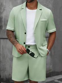 Manfinity Mode Men's Plus Size Solid Color Front Button Short-Sleeved Jacket And Shorts Summer Suit Men's Summer Suit Men's Two Pieces Set