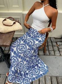 Sunnyshic 全印花休闲宽松低腰半身裙 - 藍白色 - 查看 5