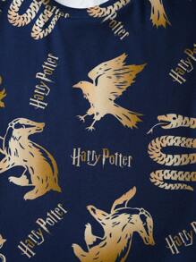 HARRY POTTER X SHEIN Tween Boy Summer 4 School Logo Foil Print Elastic Stripe Tight Pajama Set
