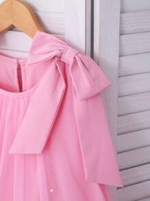 Girls' Elegant Ruffled Pearl Decor Mesh Overlay Dress - Pink - View 3