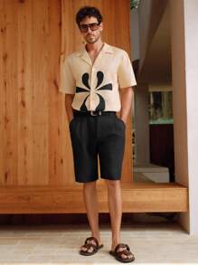 Manfinity BRENVOR 夏季男士刺绣撞色短袖休闲衬衫 - 杏色 - 查看 6