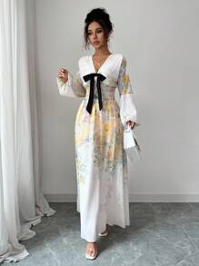 Elenzga Women's Elegant Fashion Commuter Casual Comfortable Charming Retro Minimalist Long Sleeve Shirred Floral Swing Waist Tie Dress - Light Yellow - View 6